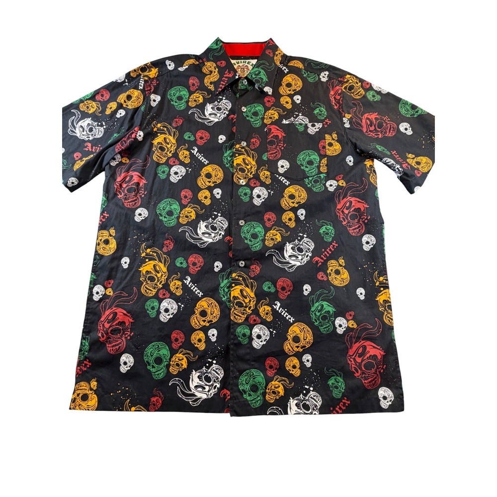 Avirex Mens Large Short Sleeve Skull Print Button Down Shirt Black Cotton 1753